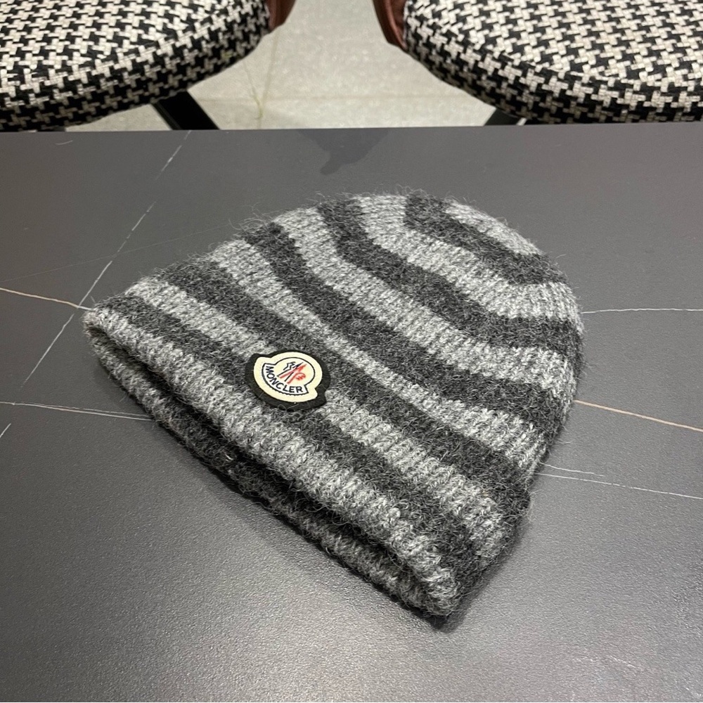 Moncler Gray and Charcoal Striped Knit Beanie